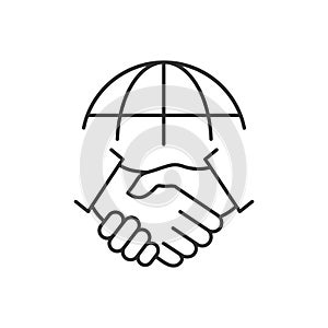 Handshake and globe line icon. International agreement concept. World partnership linear symbol.