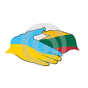 Handshake hand in the colors of the flag of Ukraine and Lithuania