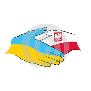 Handshake hand in the colors of the flag of Ukraine and Poland
