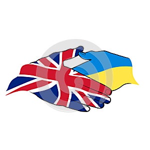 Handshake hand in the colors of the flag of Ukraine and United Kingdom