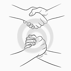 Handshake hand-drawn signs set. Brotherly and friendly drawing shake hands. Vector.