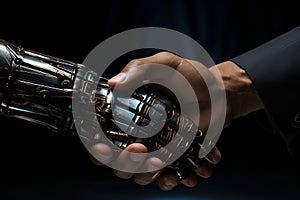 Handshake of hands of a businessman and a robot. Friendship between robot and human. AI generated