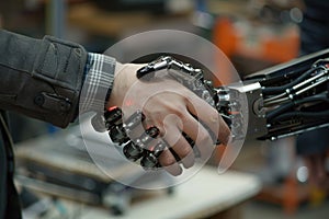 Handshake between human and robot, Futuristic business cooperate concept, Generative AI