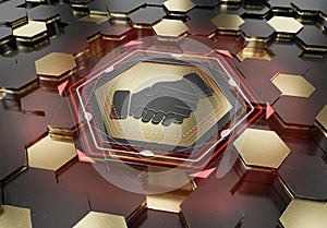 Handshake icon concept engraved on metal hexagonal pedestral background. Partnership logo glowing on abstract digital surface. 3d