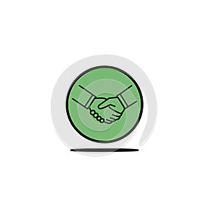 Handshake icon, flat handshake, business icon on green. Handshake agreement. Holding hand button. Cooperation concept