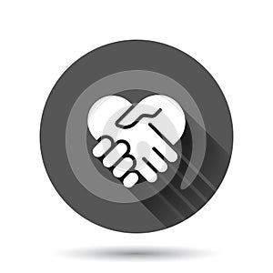 Handshake icon in flat style. Partnership deal vector illustration on black round background with long shadow effect. Agreement