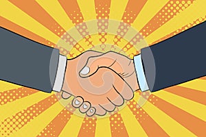Handshake illustration in pop art style. Businessmans shake hands. Partnership and teamwork concept.
