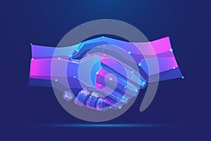 handshake low poly technology on blue background. Hands link internet connection. Business success concept. agreement partner.