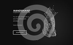 Handshake low poly wireframe art on black backgraund.Gesture of unity or union together.oncept of holograms of connected hands