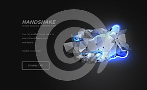 Handshake low poly wireframe art on black background. Hand gesture of help or support or energy or power. concept of steel hands