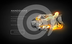 Handshake low poly wireframe art on black background.Hand gesture of help or support or energy or power. Concept of steel hands.