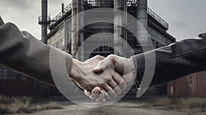 handshake between male workers in leathers jackets against the background of the industrial factory