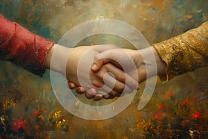 Handshake of a man and a woman on an abstract background.