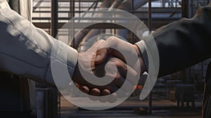 handshake between mans in leathers jackets against the background of the industrial factory