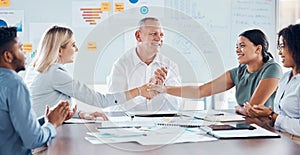 Handshake in meeting for business deal, welcome employee and support in corporate partnership while manager gives