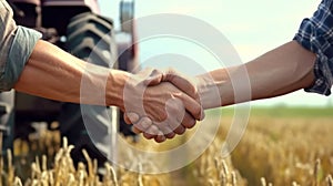 handshake of men farmers in shirts against the background of a wheat field with a tractor,