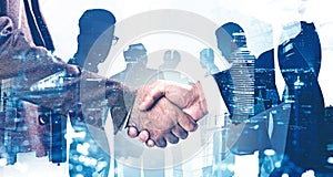 Handshake in Moscow city, business partnership