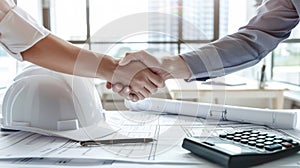 The handshake over blueprints.AI generated image