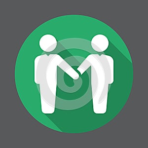 Handshake, partnership flat icon. Round colorful button, circular vector sign with long shadow effect.