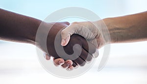 Handshake, partnership and thank you with business people in agreement over a deal during a b2b meeting. Trust, support