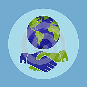 Handshake for the peace in the world. Planet and handshake.