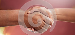 Handshake, people and closeup in studio for agreement, collaboration or deal by red background. Person, partnership and