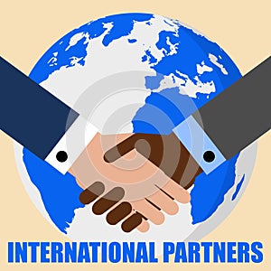 Handshake and planet Earth. World peace, global agreement, international partnership, worldwide business concepts. Lettering Inter