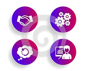 Handshake, Recovery data and Cogwheel icons set. Presentation sign. Deal hand, Backup info, Engineering tool. Vector