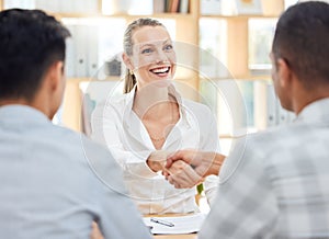 Handshake, recruitment and business people in a meeting hiring a new hr manager, worker or employee in a company office