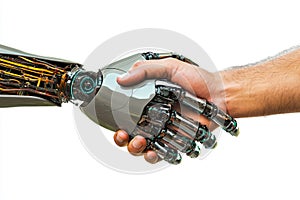 The handshake of a robot with a human, artificial intelligence and digital transformation