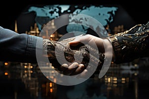 Handshake between robot and human in world map background. AI technology development, relationship between human and robot.