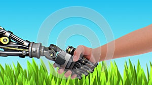Handshake with robot on nature background