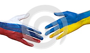Handshake of Russia and Ukraine. The end of the war. Close up. Isolated on white background