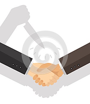 Handshake with a shadow of one hand holding a knife concept