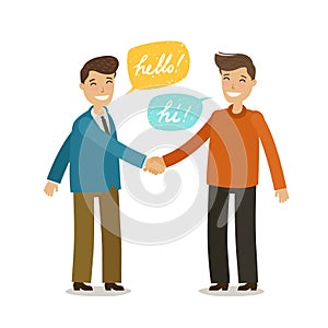 Handshake, shaking hands, friendship concept. Happy people shake hands in greeting. Cartoon vector illustration in flat photo