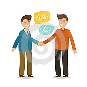 Handshake, shaking hands, friendship concept. Happy people shake hands in greeting. Cartoon vector illustration in flat