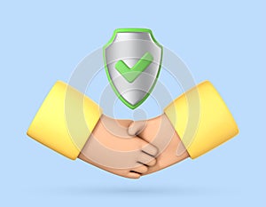 Handshake and shield with check mark isolated on blue background. Safe deal concept. International agreement. Vector 3d