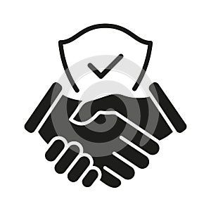 Handshake and shield icon. Business agreement with check mark and protect secure sign.