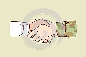 Handshake between soldier and civilian symbolizing support military after returning from hostilities