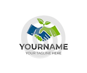 Handshake and sprout logo template. Cooperation, deal and growth of business vector design