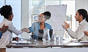 Handshake, success or applause of business people in a meeting or presentation for sales goals or deal. Partnership, b2b