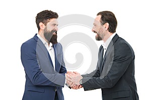Handshake. Success symbol. Education for business. Partnership project. Business team. Bearded businessmen in formal