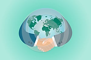 Handshake symbol with globe world map background. International partnership business concept. Vector illustration