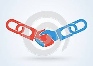 Handshake, Teamwork Hands Logo Vector. Blockchain technology agreement handshake business concept