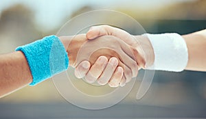 Handshake, teamwork and sport with the hands of sports people in collaboration outside after a game or match
