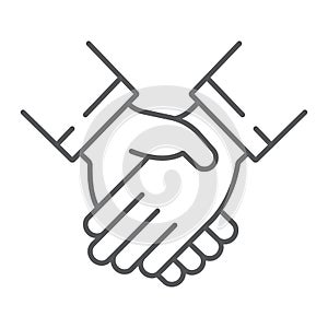 Handshake thin line icon, business and deal, partnership sign, vector graphics, a linear pattern on a white background