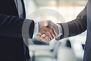 Handshake of two business people in the office. Business concept, businessman shaking hands with his partner after signing, AI