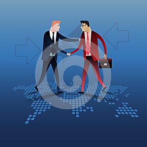 Handshake of two business people with world map background.