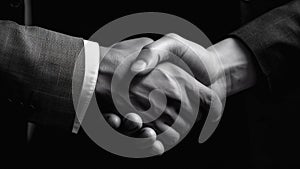 Handshake of two businessmen on a black background. black and white image. Close-up. Generative AI