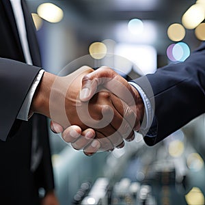 Handshake between two CEOs in a corporate boardroom background - AI Generated